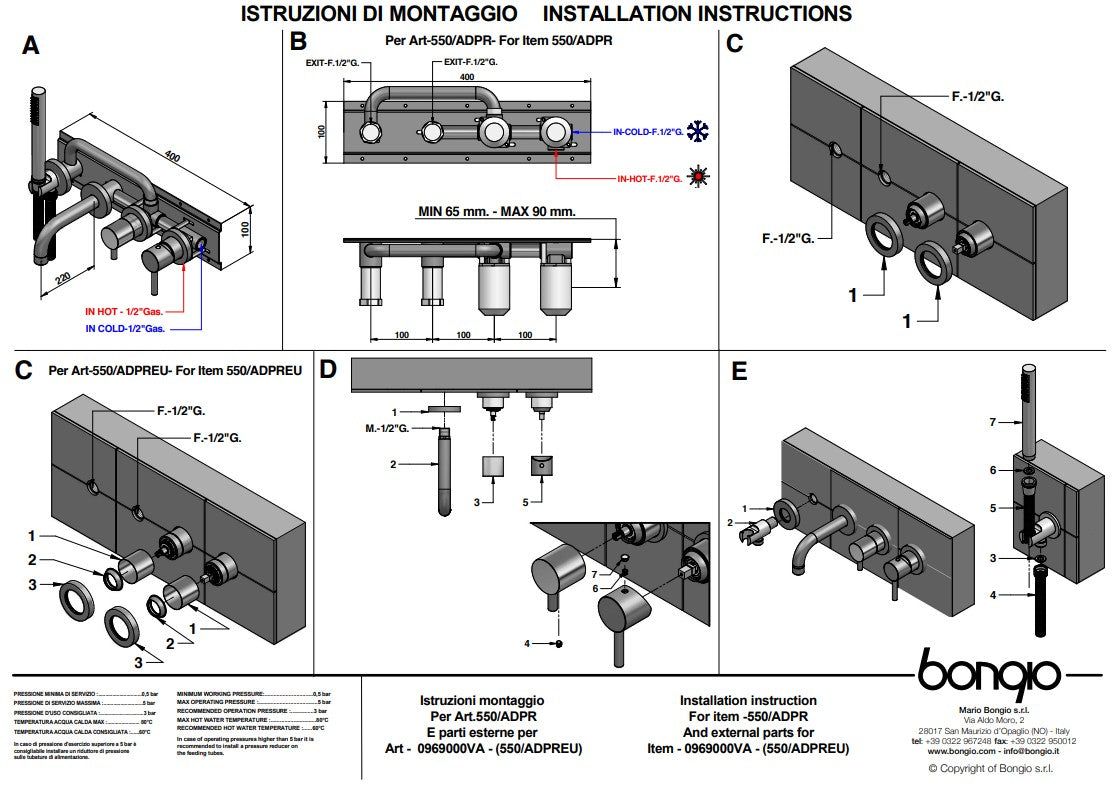 Bongio Project inbouw wand badmengkraan 16 cm uitloop incl. handdoucheset en 2-weg omstel