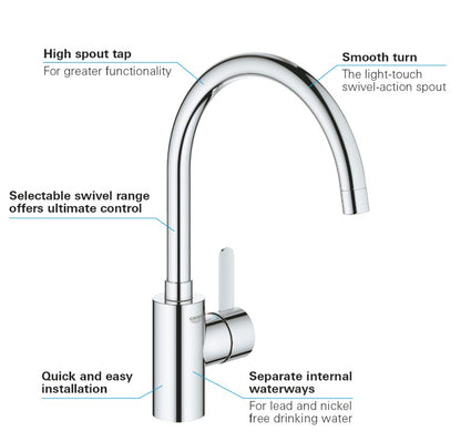 Grohe Eurosmart Cosmopolitan hoge keukenmengkraan met draaibaar uitloop, Chroom