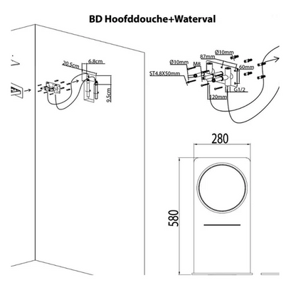 Wiesbaden Rombo thermostatische inbouw regendoucheset met waterval en 3-weg stopomstel in chroom