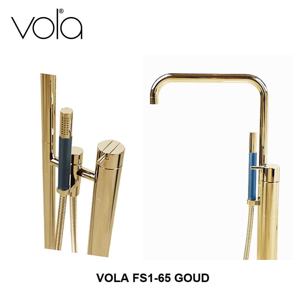 Vola FS1AP-65 vrijstaande design badmengkraan met handdouche in kleur goud met PVD bewerking