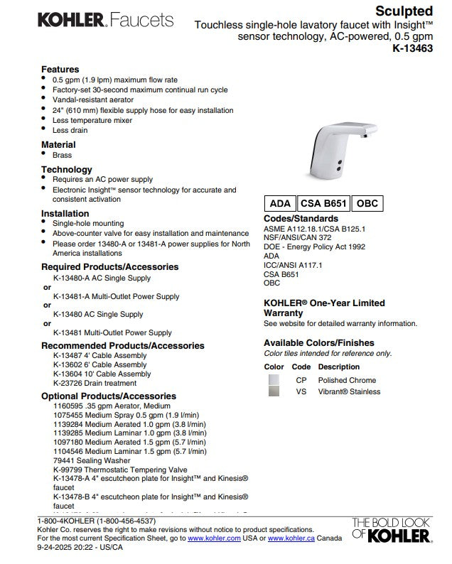 KOHLER Insight K-13463-CP Hybride Sculpted Touchless opbouw Wastafelkraan, Gepolijst Chroom