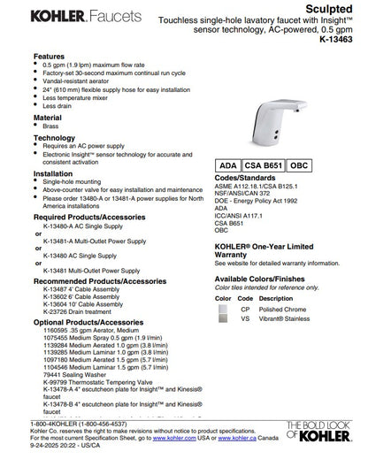 KOHLER Insight K-13463-CP Hybride Sculpted Touchless opbouw Wastafelkraan, Gepolijst Chroom