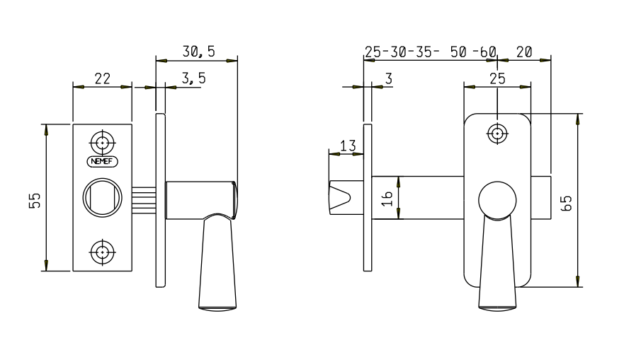 Nemef 2600/4 insteekgrendel met sluitplaat, doornmaat 35 mm aluminium f1