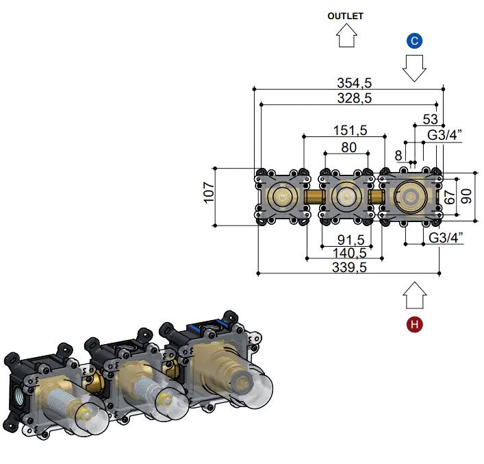 Hotbath Cobber HBCB7067 inbouwdeel douchethermostaat met 2 stopkranen