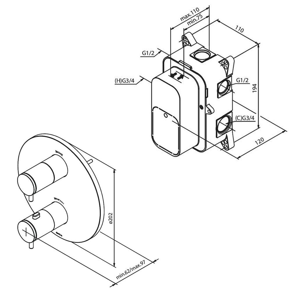 Damixa Silhouet HS-1 compleet inbouw set met 2-weg douche thermostaat en 250 mm hoofddouche, mat zwart