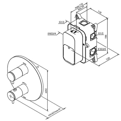 Damixa Silhouet HS-1 compleet inbouw set met 2-weg douche thermostaat en 250 mm hoofddouche, mat zwart