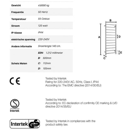 Smedbo Dry FK701 elektrische badkamerradiator, hoogte 121,2x50 cm, rond, gepolijst roestvrij staal