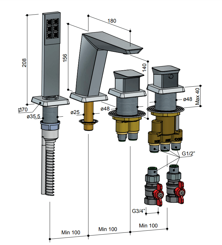 Hotbath BRO thermostatische 4-gats badrandkraan met uitloop en 2-weg omstel, geborsteld mat nikkel (BRO63GN)