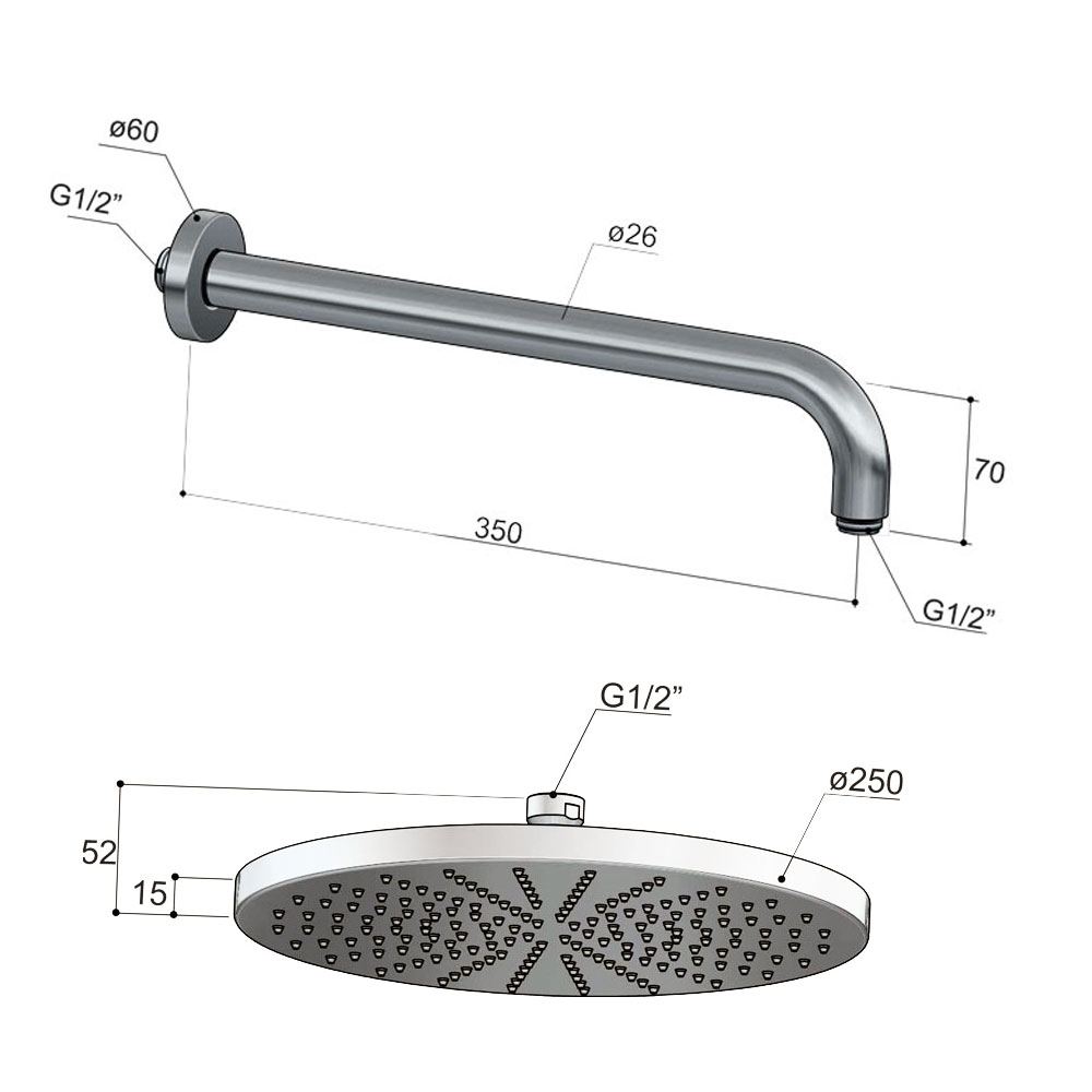 Hotbath Mate M105 hoofddouche rond 25cm met wandbevestiging, geborsteld nikkel