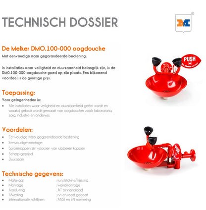 De Melker DMO.100-000 oogdouche wandmontage, met eenvoudige maar gegarandeerde bediening