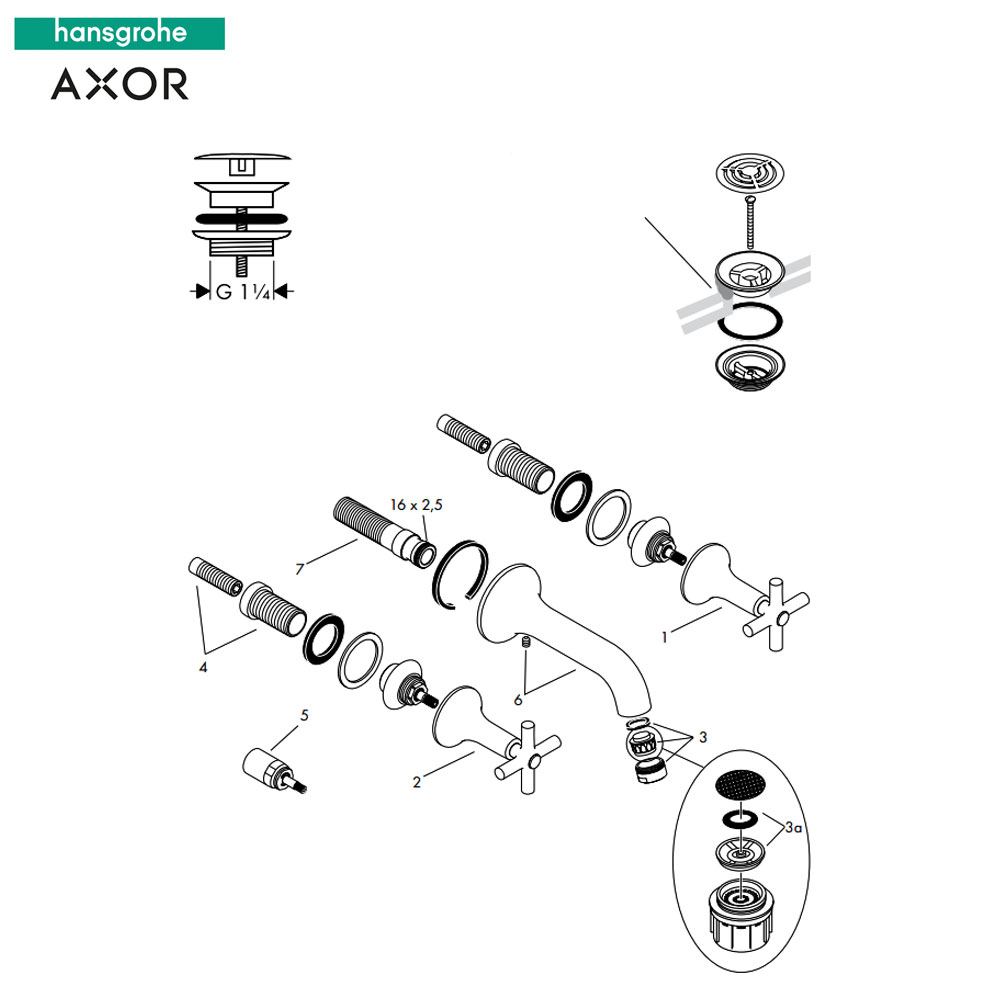 Hansgrohe Axor Terrano 3-gats wand wastafelmengkraan afbouwdelen kruisgreep chroom