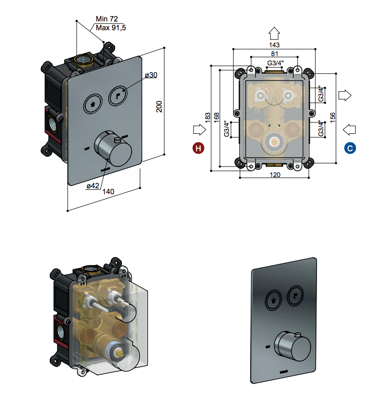 Hotbath Cobber afbouwdeel thermostaat 2 pushbuttons vierkant geborsteld nikkel