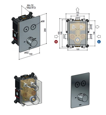Hotbath Cobber afbouwdeel thermostaat 2 pushbuttons vierkant geborsteld nikkel