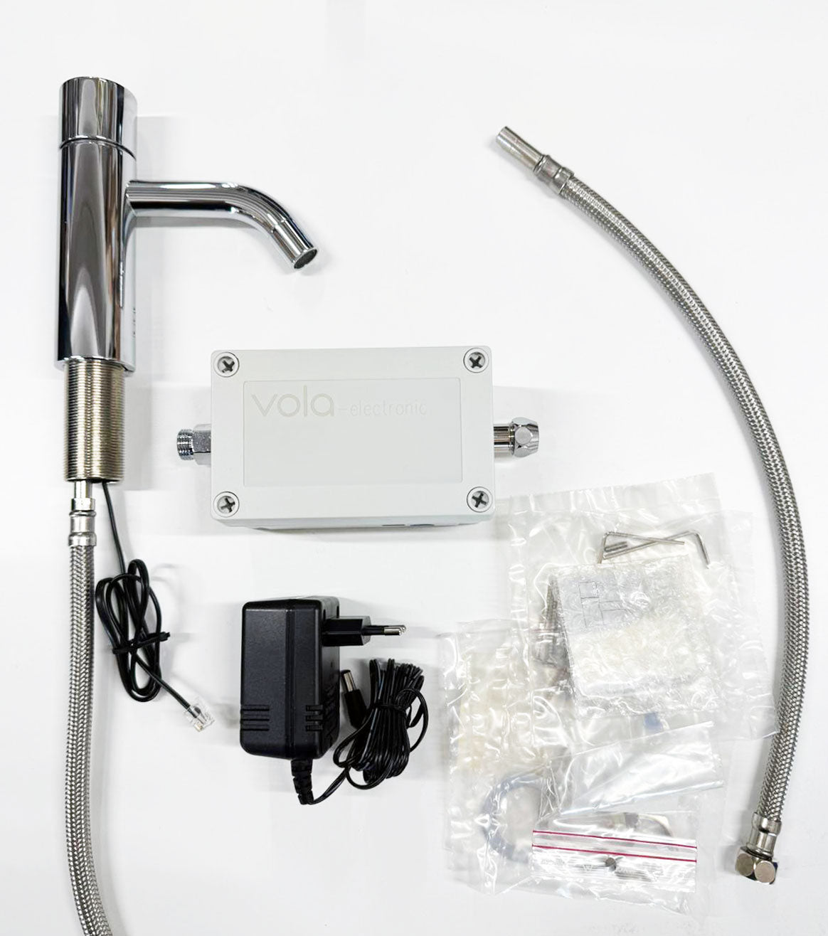 Vola RB1EN-16 koudwater-wastafelkraan voor contactloze bediening op netstroom, chroom