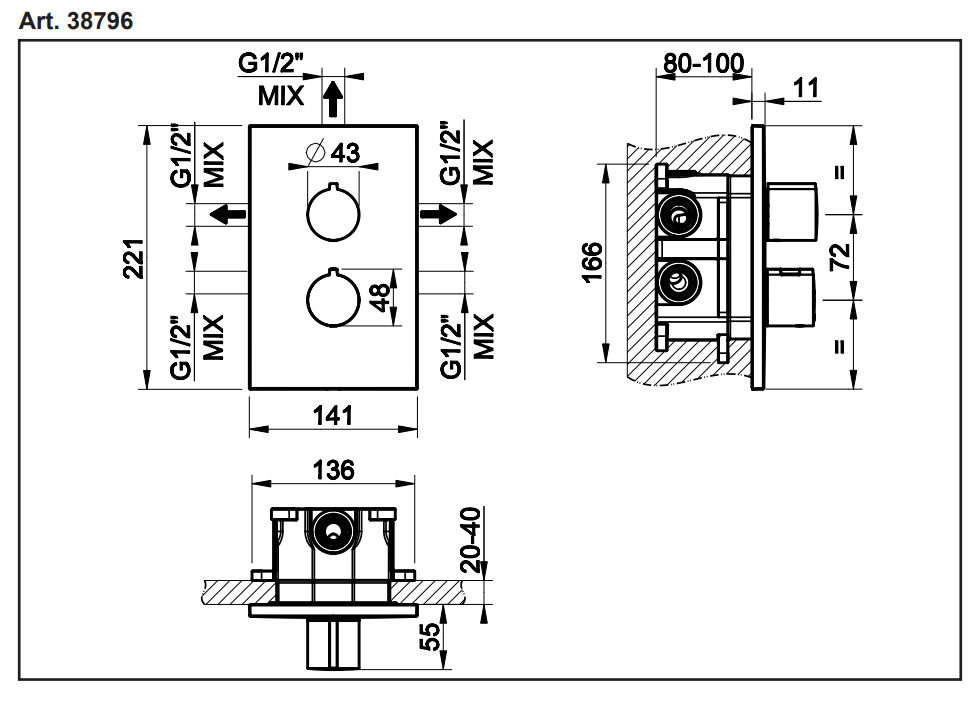 Gessi Emperio 3-weg inbouw + afbouwdeel douche thermostaatkraan, Warm Geborsteld Brons