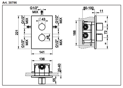 Gessi Emperio 3-weg inbouw + afbouwdeel douche thermostaatkraan, Warm Geborsteld Brons