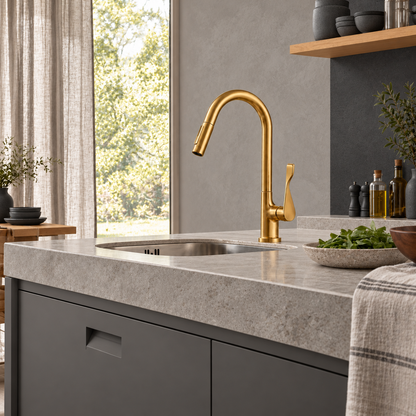 Hansgrohe AXOR Citterio Eengreeps keukenmengkraan 250 met uittrekbare sproeikop Geborsteld Messing