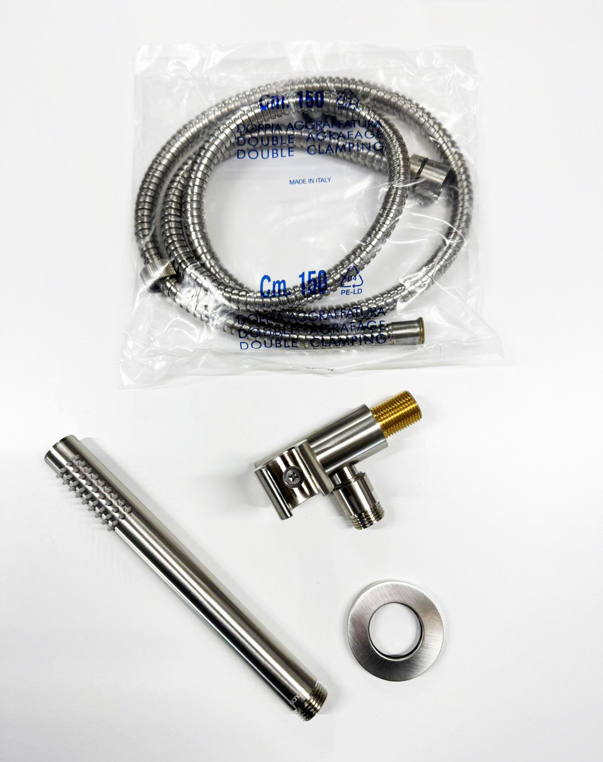 Bongio Round Wellness Duplex handdouche set met doucheslang en wanduitlaat, geborsteld mat nikkel