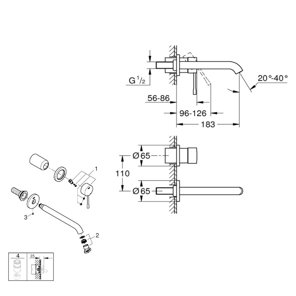 Grohe Essence M-Size eengreeps wastafelkraan afbouwdeel 183 mm, geborsteld cool sunrise