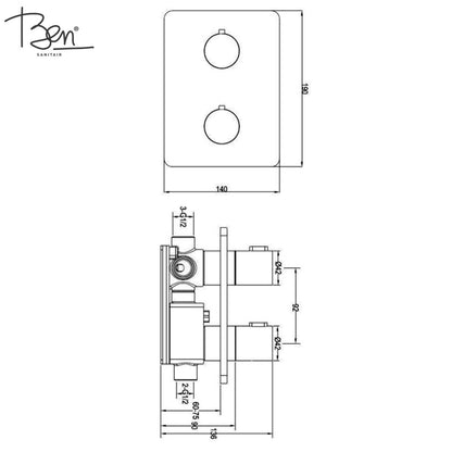 Ben Lavion Square C afbouwset voor 3-weg omstelling en thermostaat geborsteld nikkel
