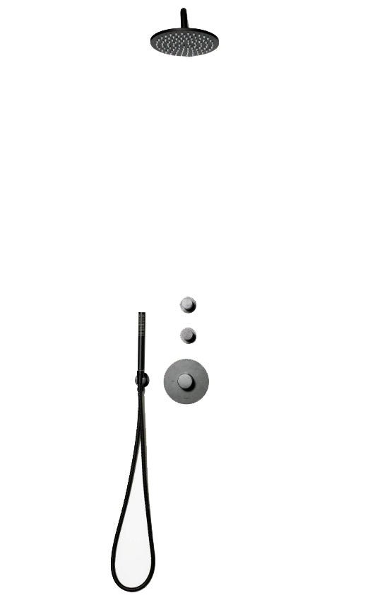 Bongio Squadra set inbouw thermostaatkraan incl. twee inbouw stopkranen hoofddouche 22,2cm, douchearm 35cm en handdoucheset, mat zwart