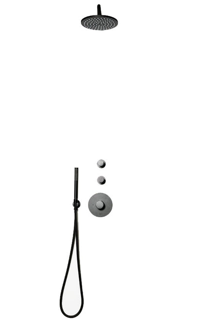 Bongio Squadra set inbouw thermostaatkraan incl. twee inbouw stopkranen hoofddouche 22,2cm, douchearm 35cm en handdoucheset, mat zwart