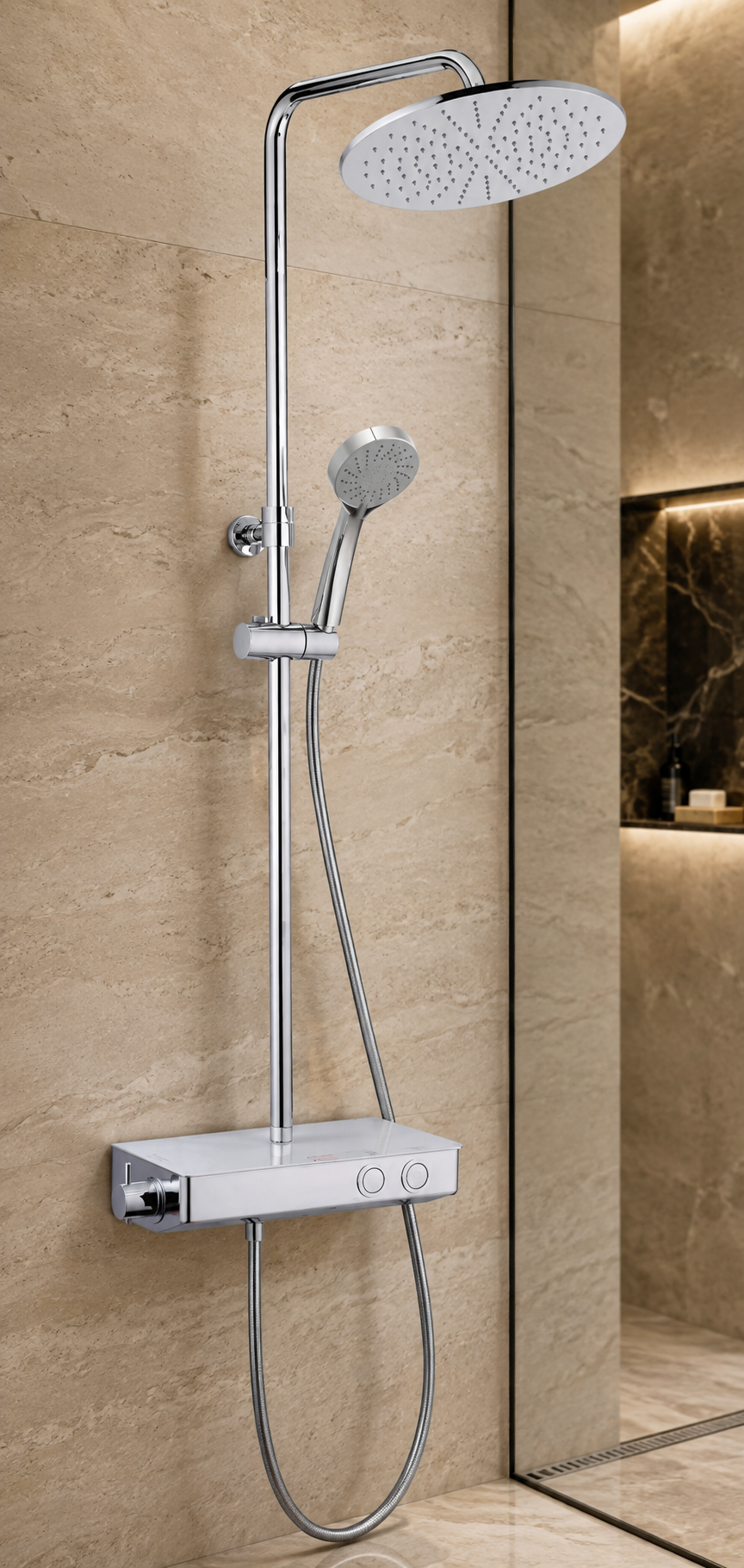 Huber Italia Contenital Push thermostaat douchesysteem met 30 cm hoofddouce en planchet  Chroom/wit