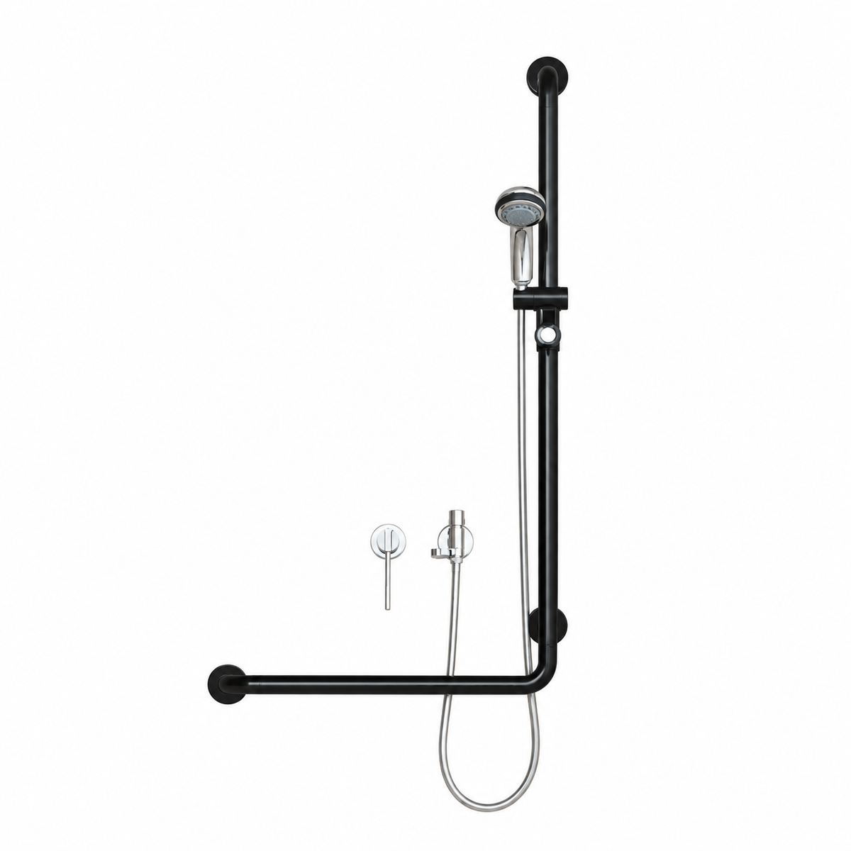 HEWI Serie 801 hoeksteun met douchekophouder, 1100 × 600 mm, Diepzwart