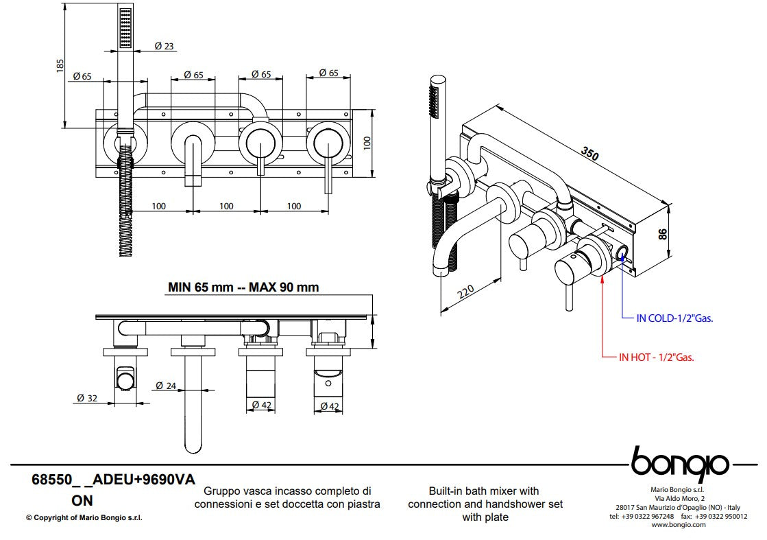 Bongio Project inbouw wand badmengkraan 16 cm uitloop incl. handdoucheset en 2-weg omstel