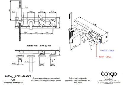Bongio Project inbouw wand badmengkraan 16 cm uitloop incl. handdoucheset en 2-weg omstel