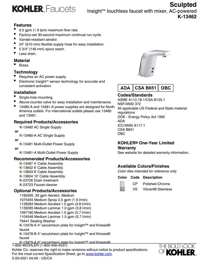 KOHLER Hybride 13462-CP infrarood opbouw Wastafelmengkraan, Gepolijst Chroom