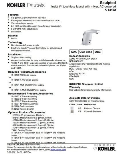 KOHLER Hybride 13462-CP infrarood opbouw Wastafelmengkraan, Gepolijst Chroom