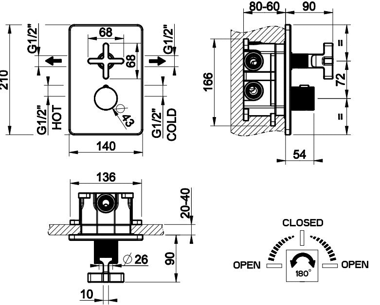 Gessi Incisso X design inbouw douchthermostaat afbouwdelen 2-weg, chroom